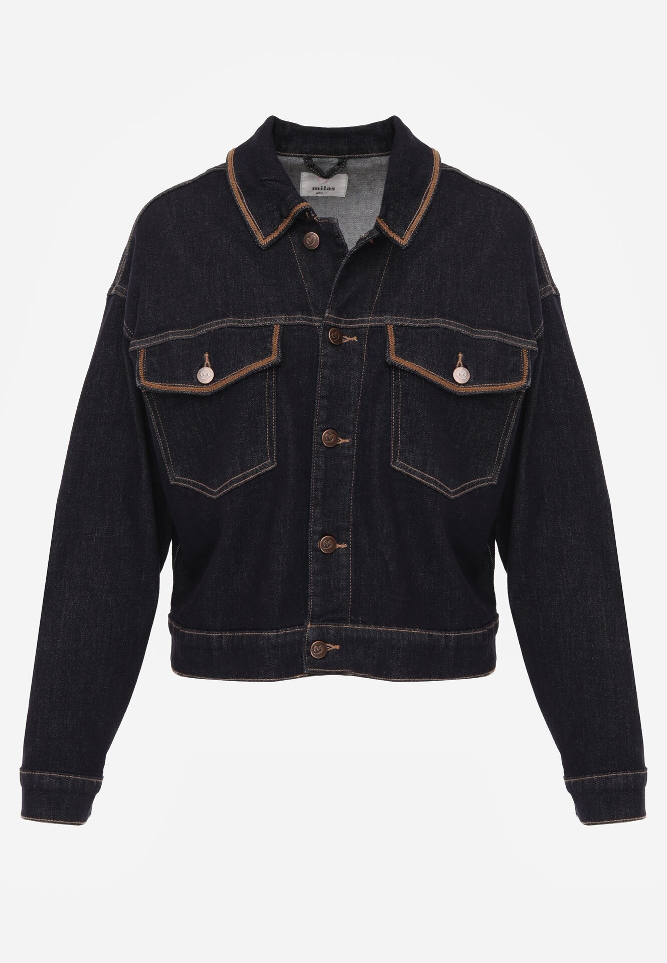 milas91 Geacă Albastră Denim cu Bumbac Decorată cu Borduri Contrastante Nedore