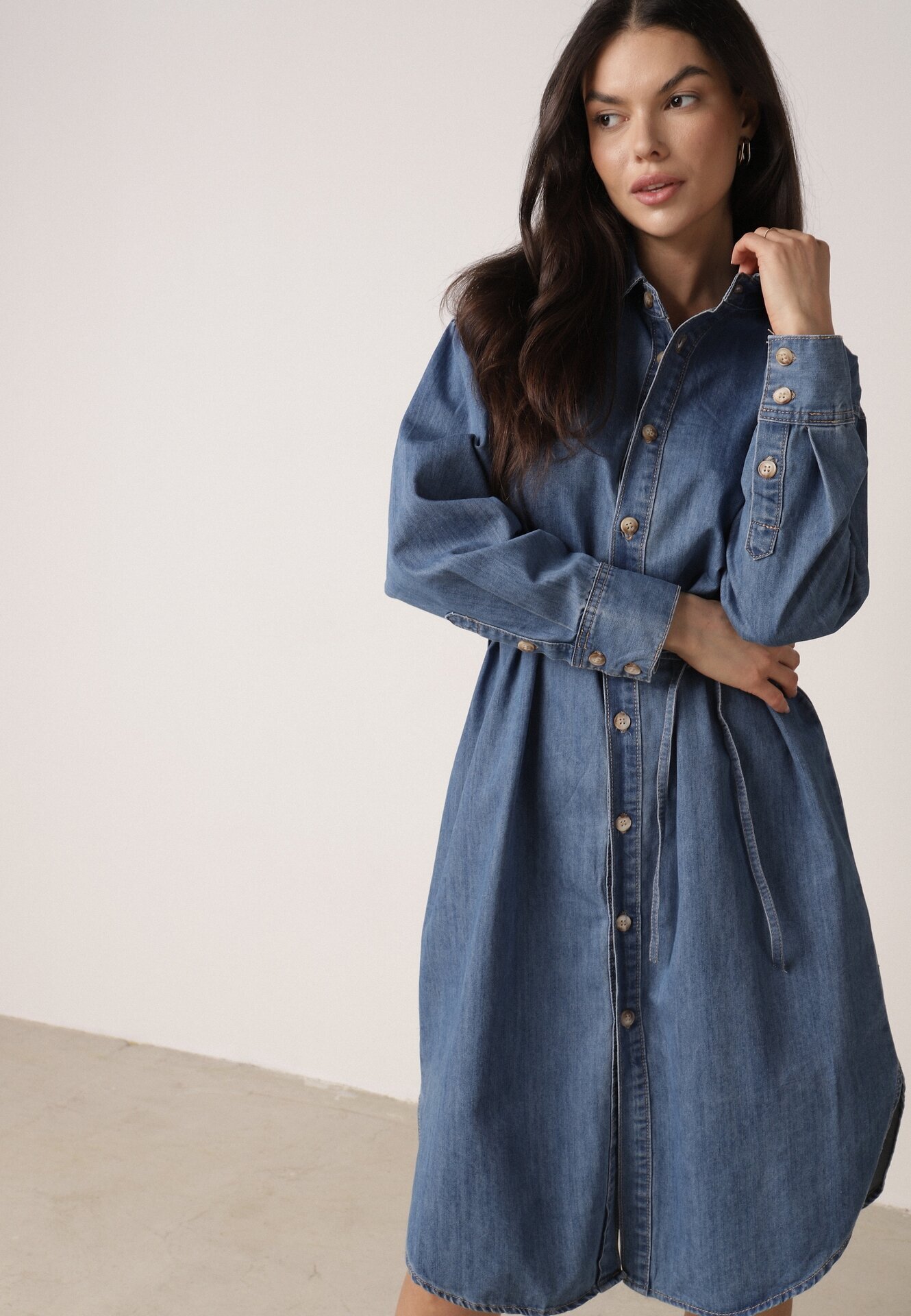 milas91 Rochie Tip cămașă Albastră Din denim cu Bumbac Decorată cu o curea Carenatesa