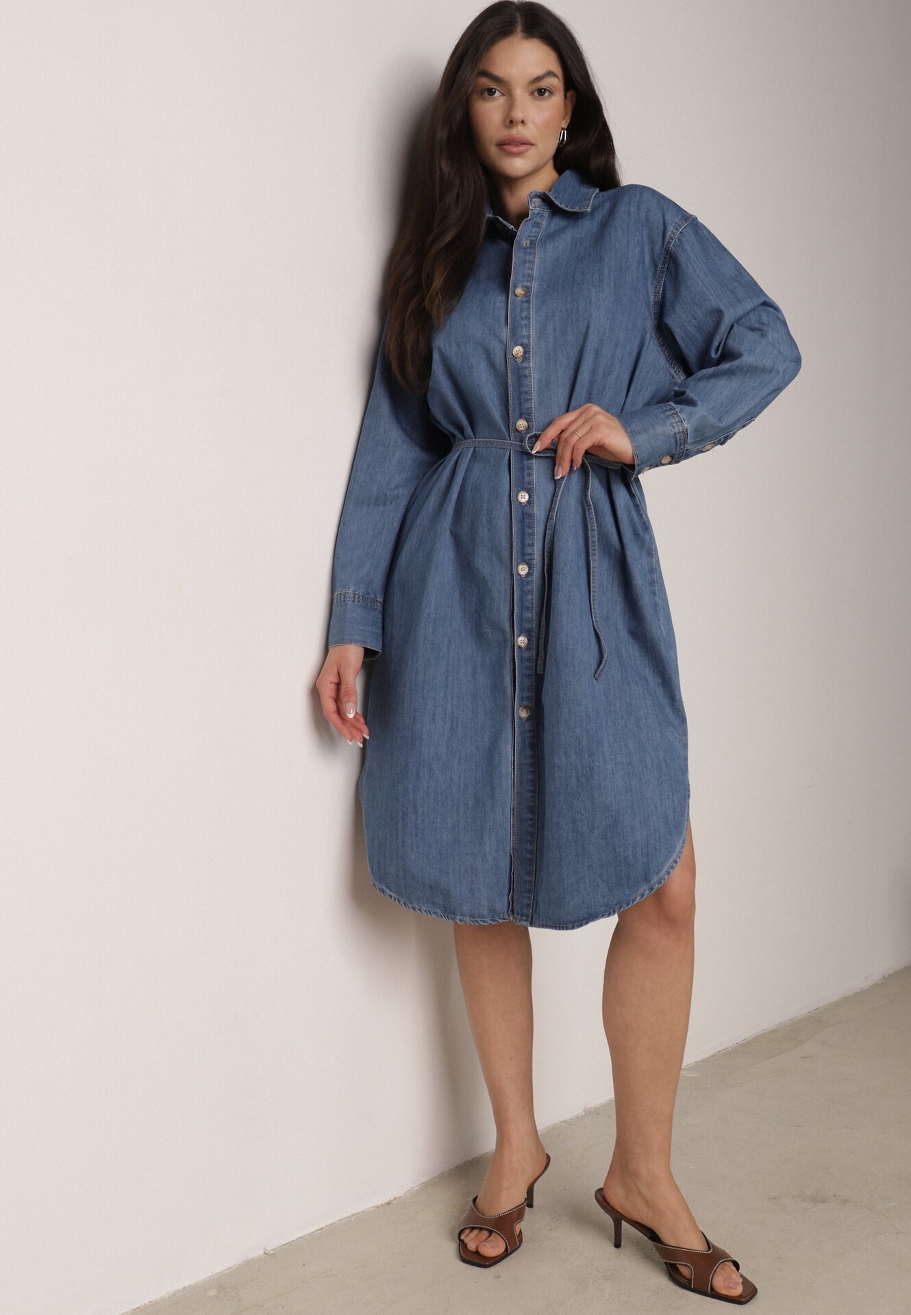 milas91 Rochie Tip cămașă Albastră Din denim cu Bumbac Decorată cu o curea Carenatesa