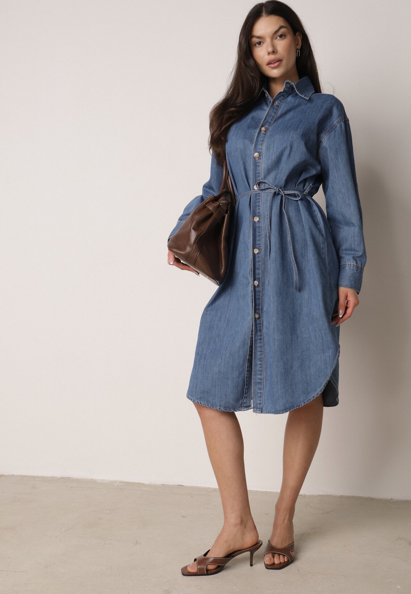 milas91 Rochie Tip cămașă Albastră Din denim cu Bumbac Decorată cu o curea Carenatesa