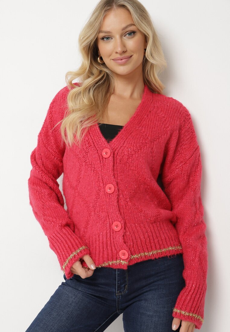 miss poem Cardigan Fucsia cu Nasturi Decorat cu Fir Metalic Alortia