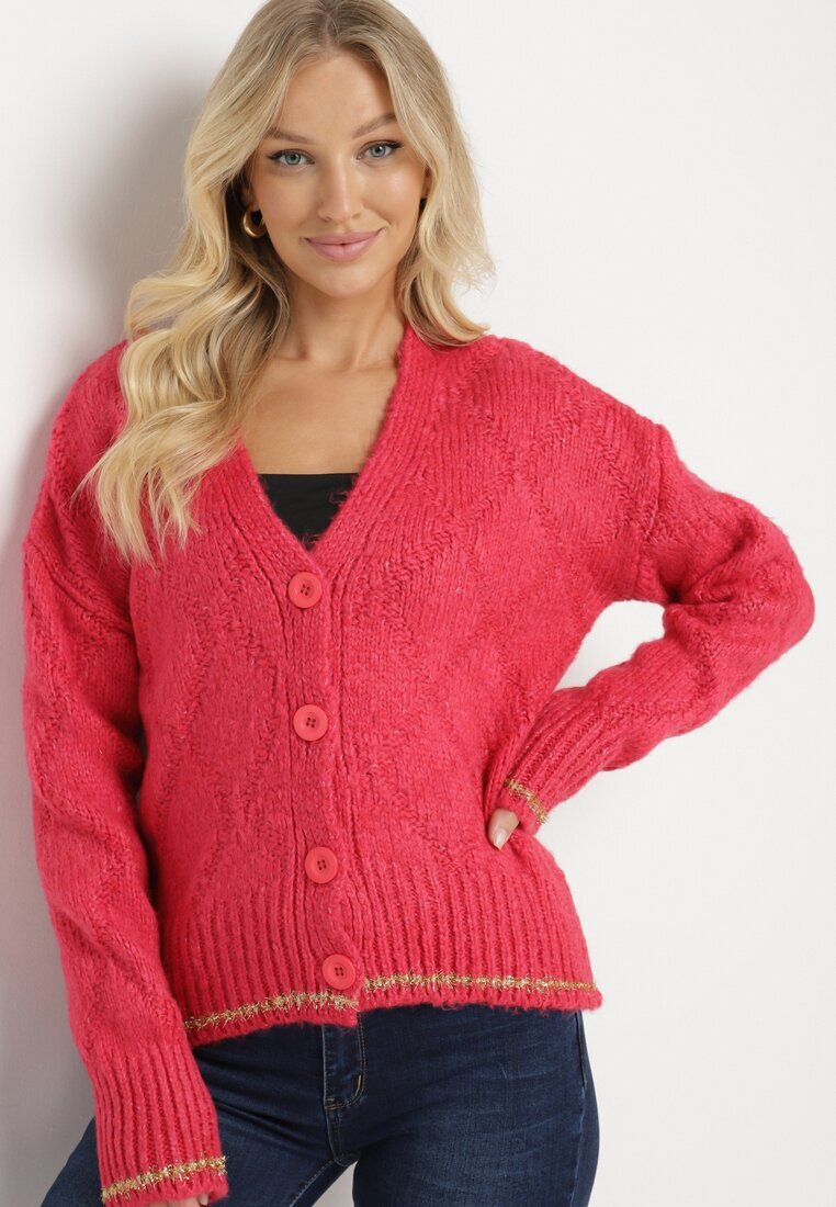 miss poem Cardigan Fucsia cu Nasturi Decorat cu Fir Metalic Alortia