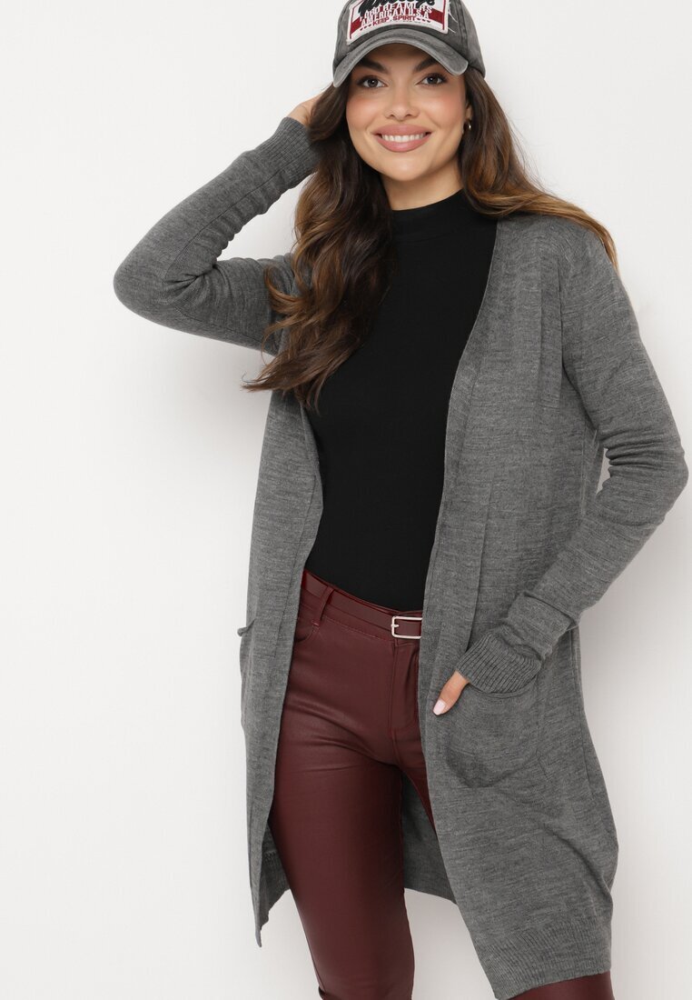miss poem Cardigan Gri închis Fără închidere cu Buzunare laterale Sartella