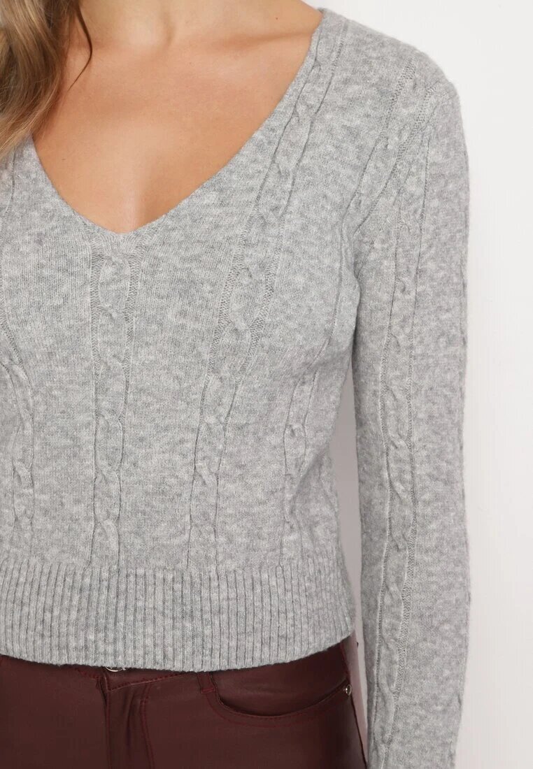 miss poem Pulover Gri cu Decolteu în V și Imprimeu Clasic Mattira