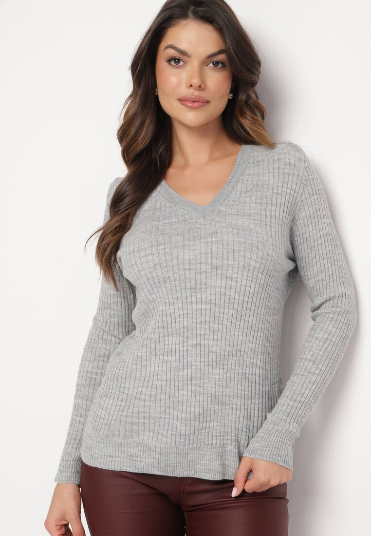 miss poem Pulover Gri cu Decolteu Triunghiular din Tricot Reiat