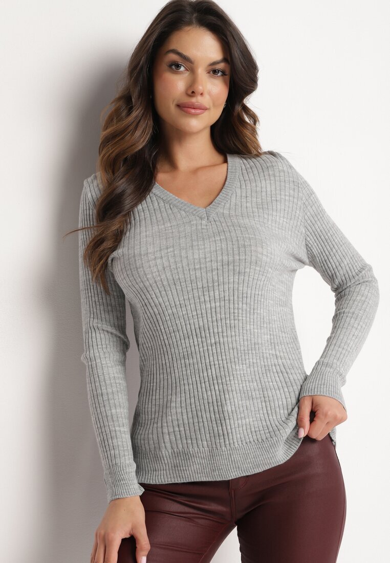miss poem Pulover Gri cu Decolteu Triunghiular din Tricot Reiat