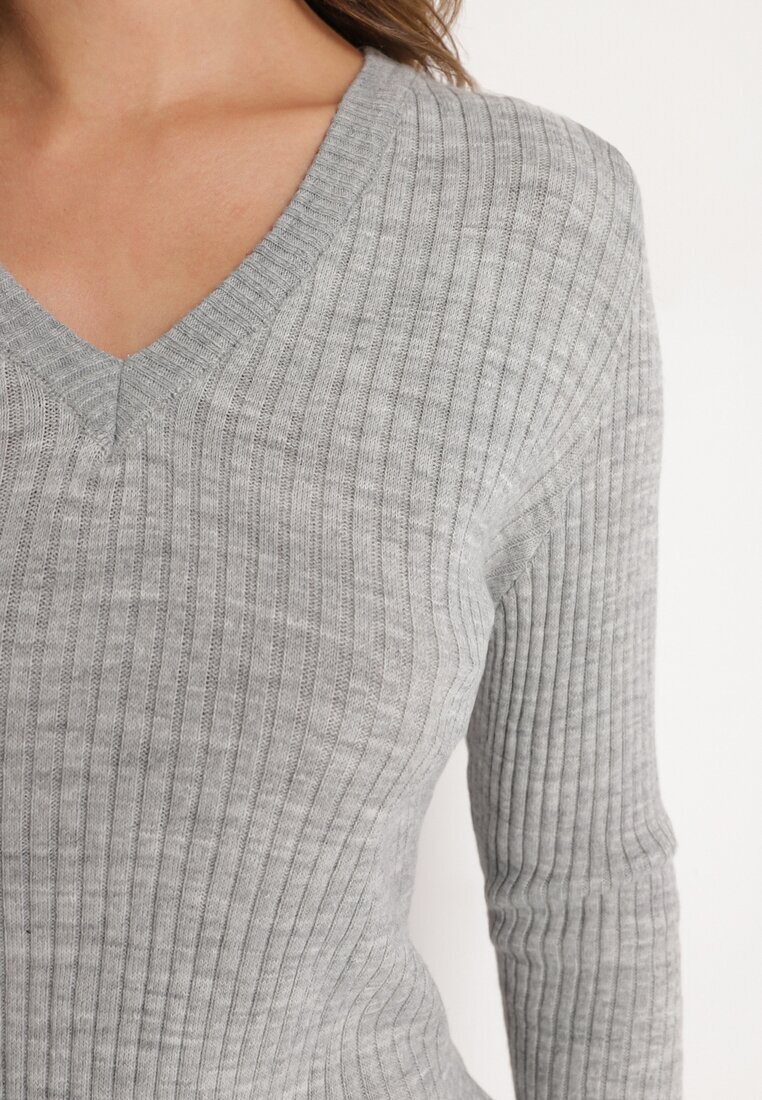 miss poem Pulover Gri cu Decolteu Triunghiular din Tricot Reiat