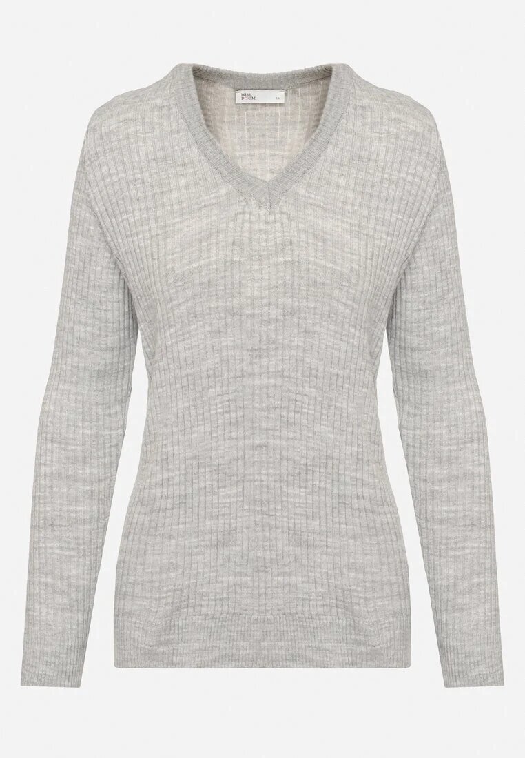 miss poem Pulover Gri cu Decolteu Triunghiular din Tricot Reiat