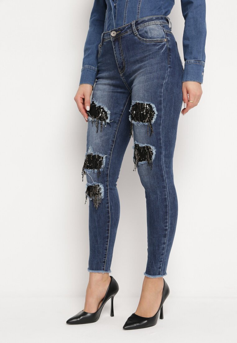miss sister Blugi Bleumarin Skinny cu găuri decorate cu zirconii Neeron