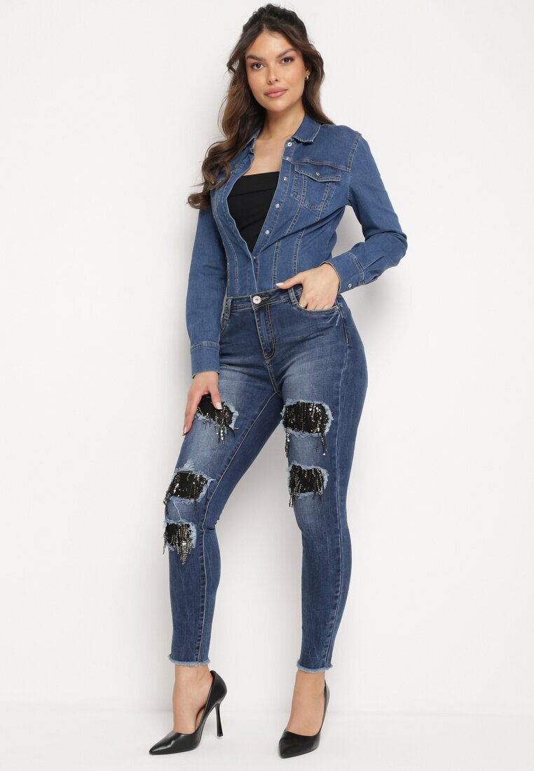 miss sister Blugi Bleumarin Skinny cu găuri decorate cu zirconii Neeron