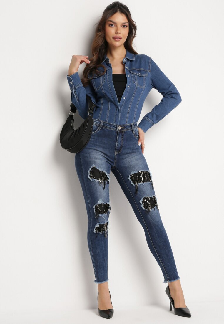 miss sister Blugi Bleumarin Skinny cu găuri decorate cu zirconii Neeron