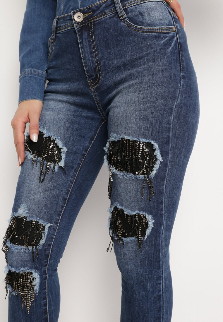 miss sister Blugi Bleumarin Skinny cu găuri decorate cu zirconii Neeron