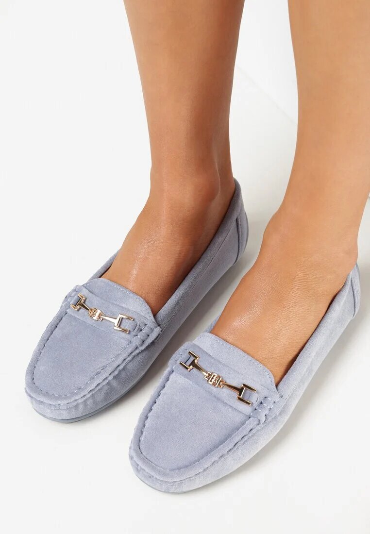  Mocasini Albastru deschis din imitație de piele întoarsă cu ornament metalic Gelalline