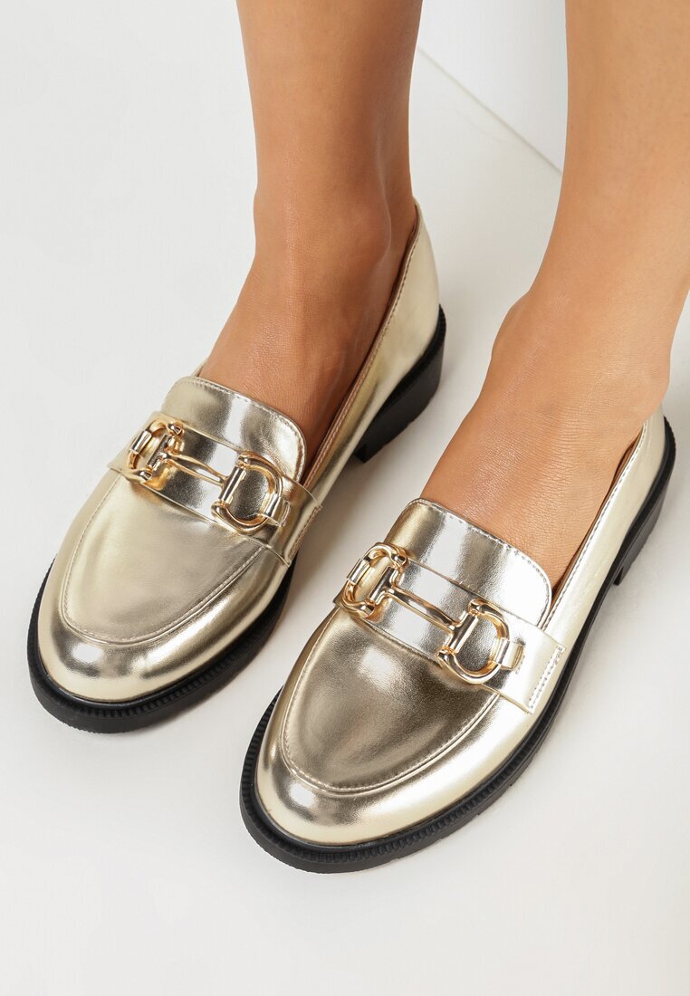  Mocasini Aurii cu toc plat cu cataramă Weale
