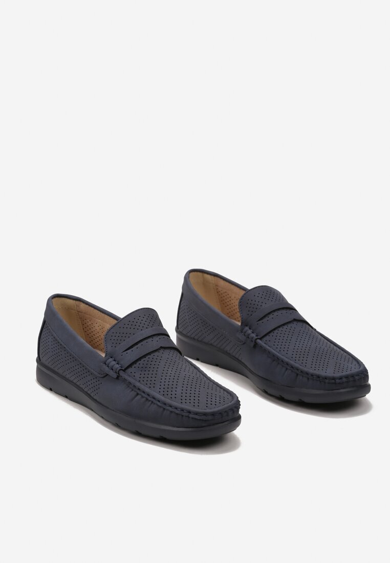  Mocasini bleumarin cu vârf pătrat și perforații decorative Valesir