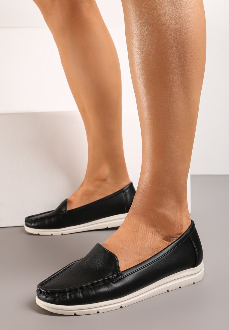  Mocasini Clasici Slip-on Negri pe Talpă Plată cu Perforații Vexalia
