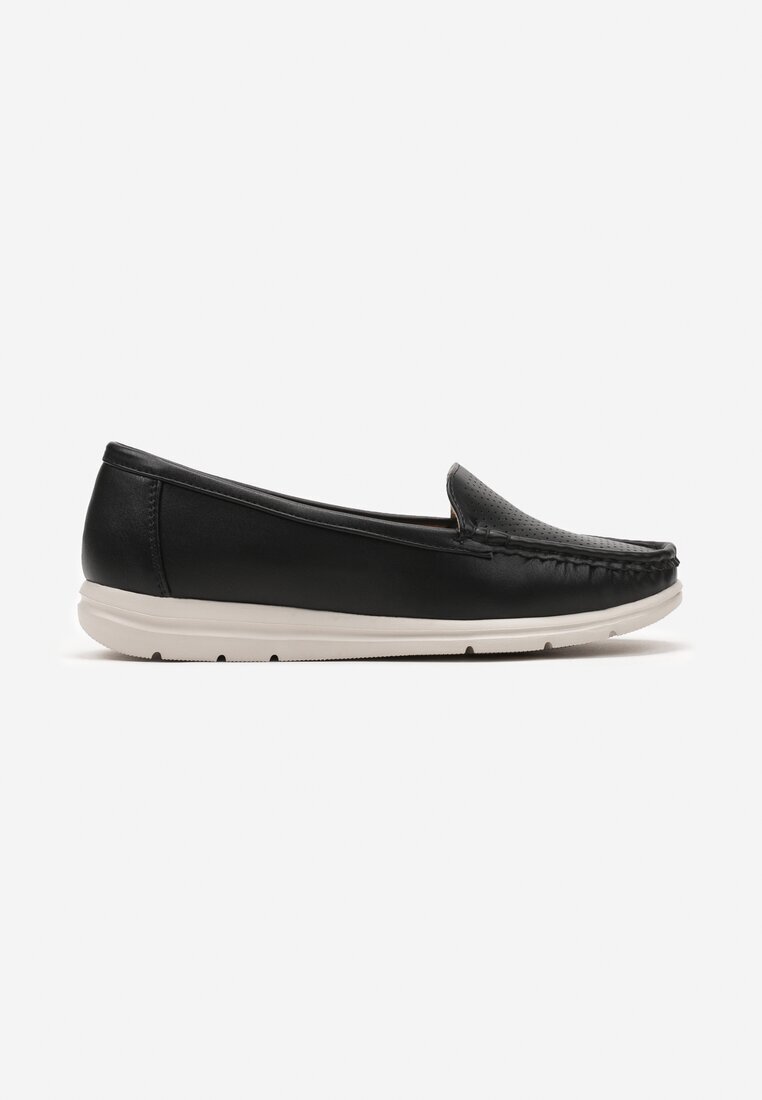  Mocasini Clasici Slip-on Negri pe Talpă Plată cu Perforații Vexalia