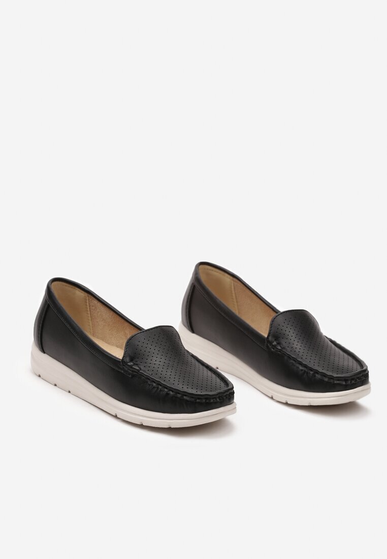  Mocasini Clasici Slip-on Negri pe Talpă Plată cu Perforații Vexalia