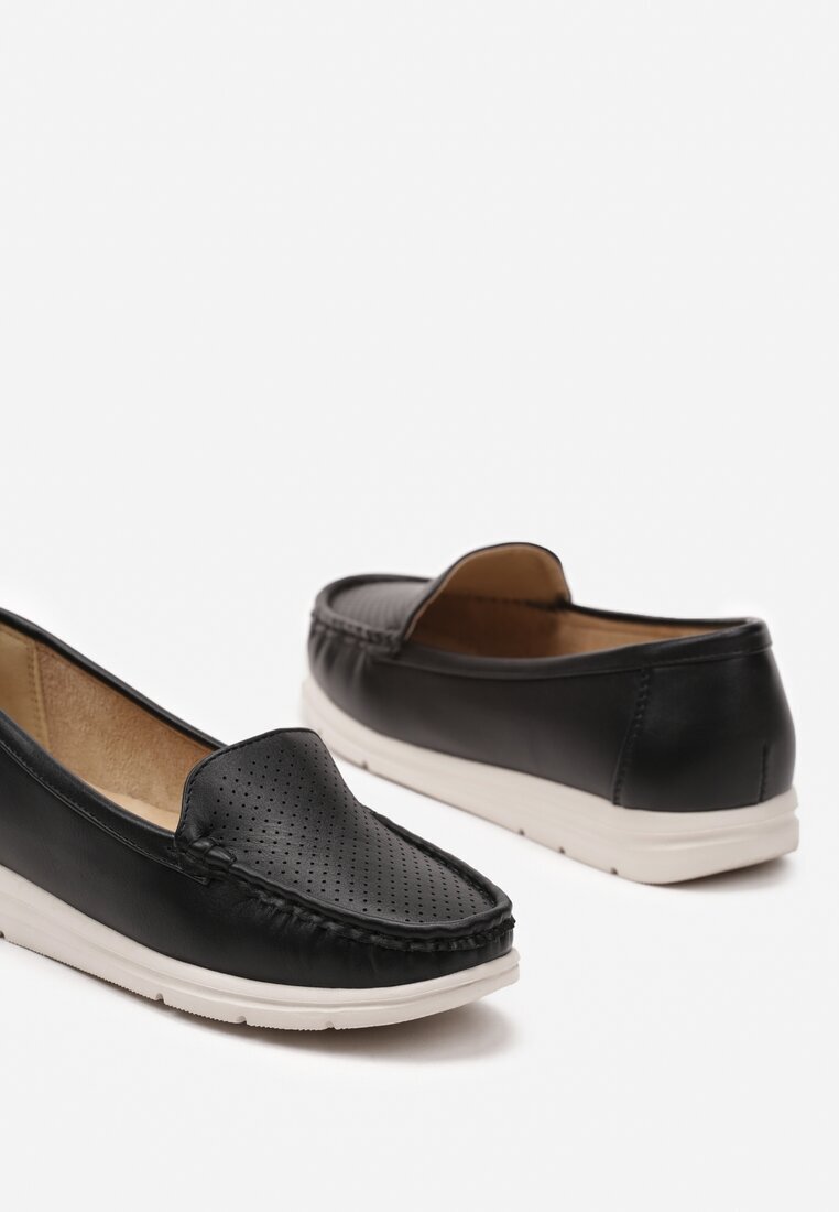  Mocasini Clasici Slip-on Negri pe Talpă Plată cu Perforații Vexalia