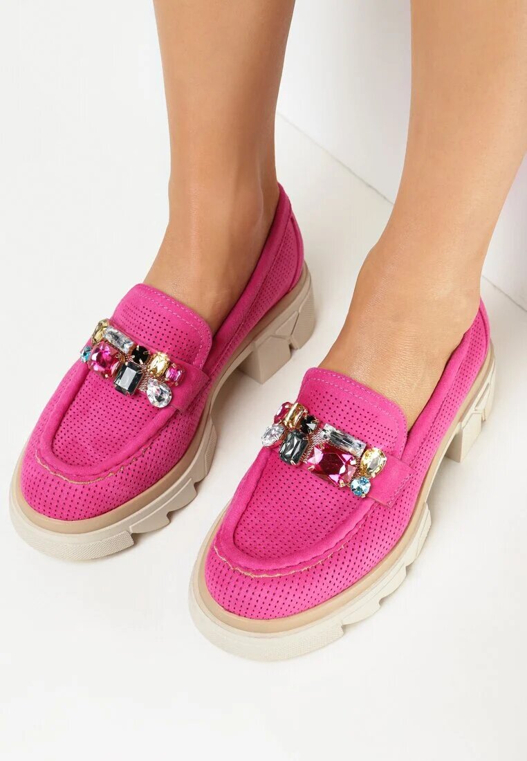  Mocasini Fucsia cu Talpă Groasă cu Branț din Piele Naturală Kairie