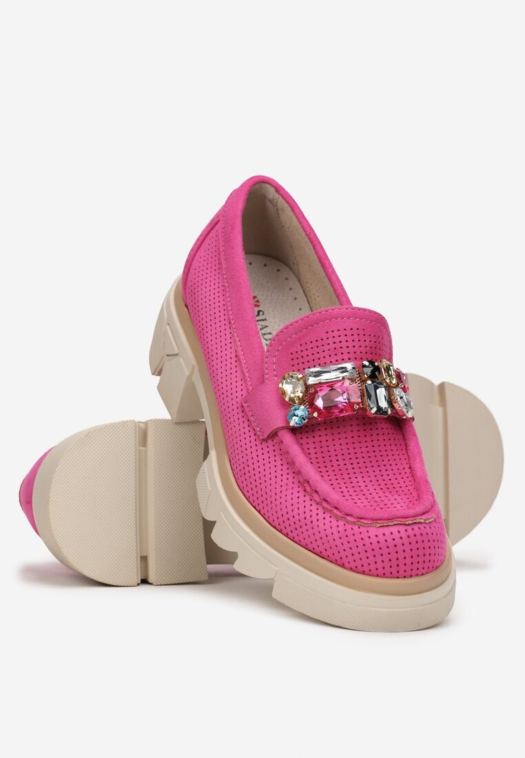  Mocasini Fucsia cu Talpă Groasă cu Branț din Piele Naturală Kairie