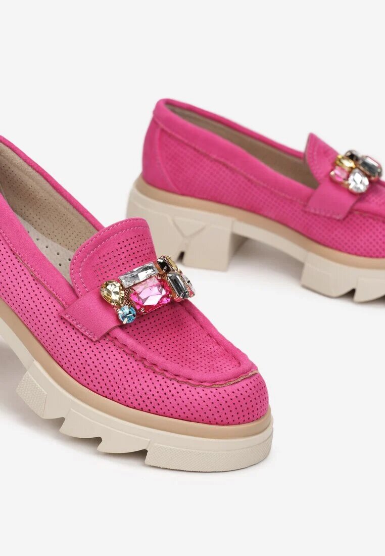  Mocasini Fucsia cu Talpă Groasă cu Branț din Piele Naturală Kairie
