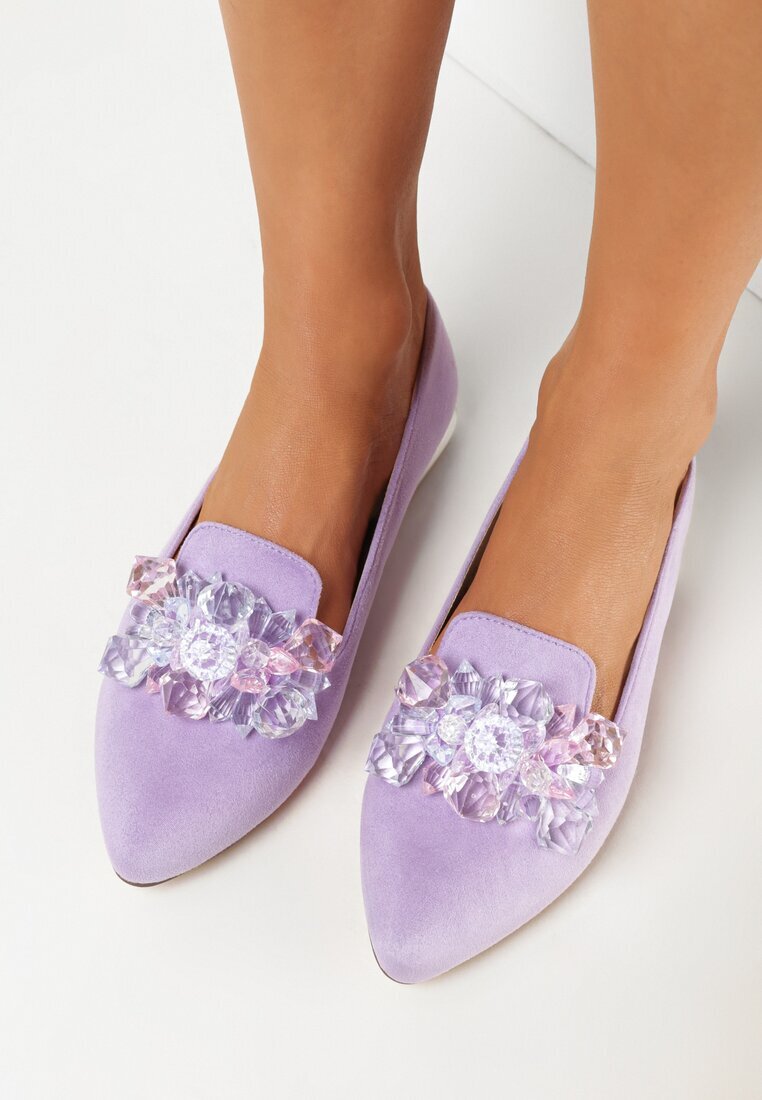  Mocasini mov din imitație de velur pe toc metalic cu cristale Melwa