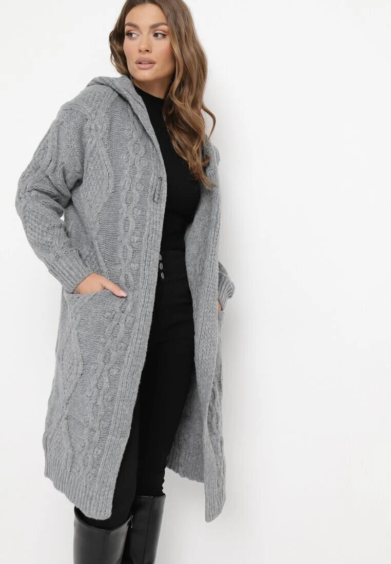 moni&co Cardigan Gri închis Neîncheiat Lung cu Glugă Wanharice