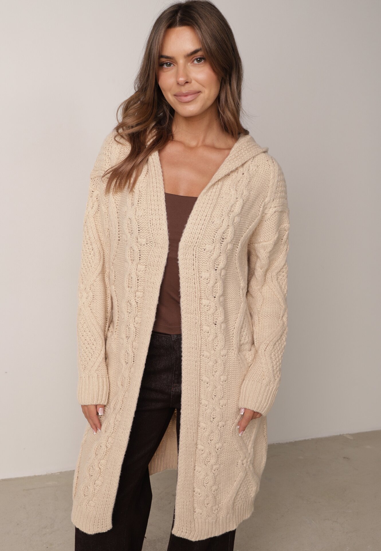 moni&co Cardigan Lung Bej Deschis cu Glugă Wanharice