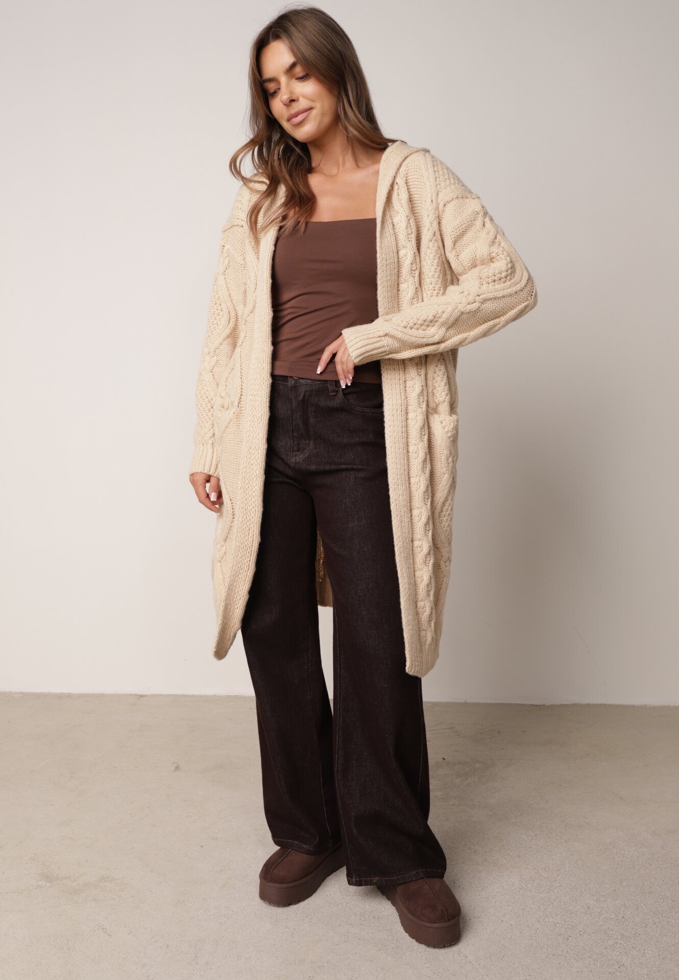 moni&co Cardigan Lung Bej Deschis cu Glugă Wanharice
