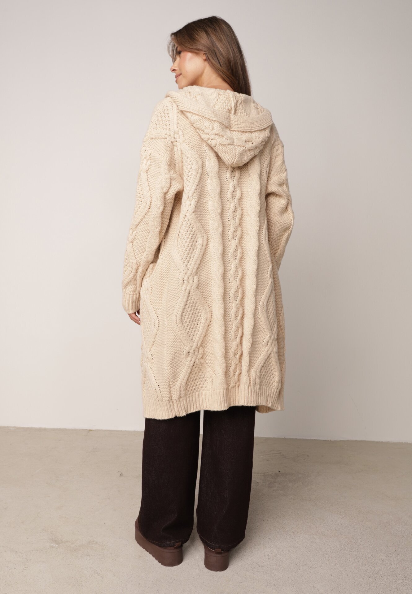 moni&co Cardigan Lung Bej Deschis cu Glugă Wanharice