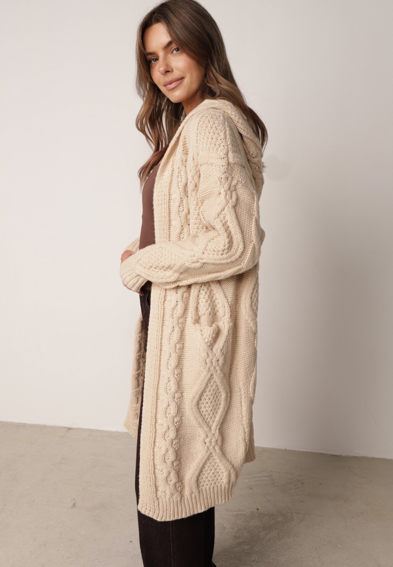 moni&co Cardigan Lung Bej Deschis cu Glugă Wanharice