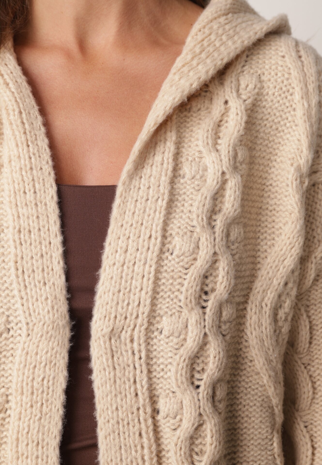 moni&co Cardigan Lung Bej Deschis cu Glugă Wanharice