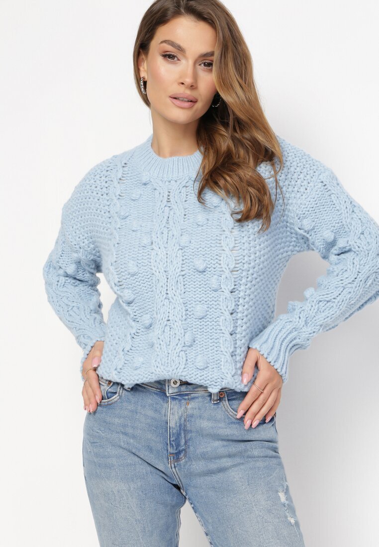 moni&co Pulover Albastru cu Lână și Bumbac Decorat cu împletitură groasă Numike
