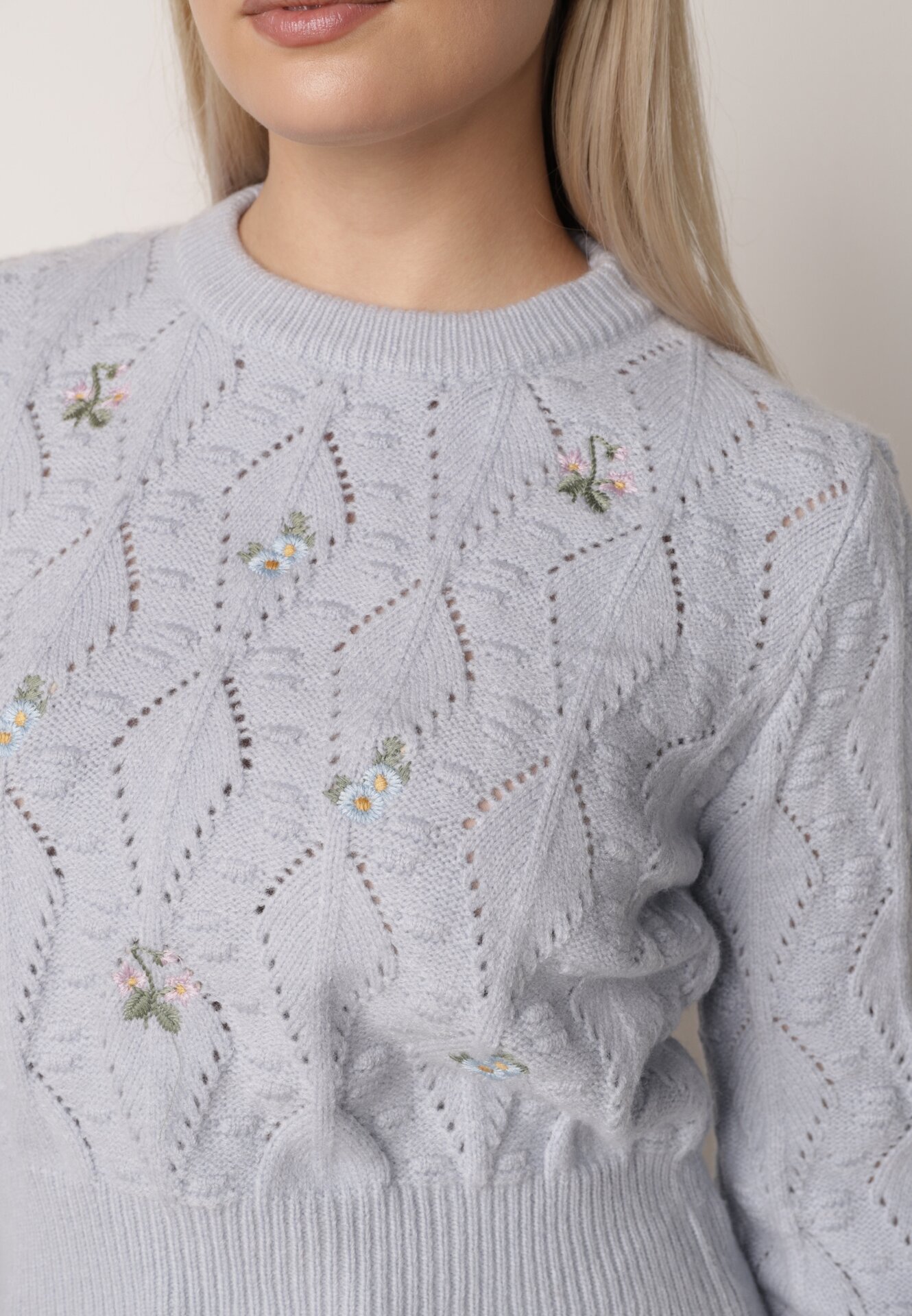 moni&co Pulover Albastru deschis cu Croială Clasică cu Flori Brodate Chasane