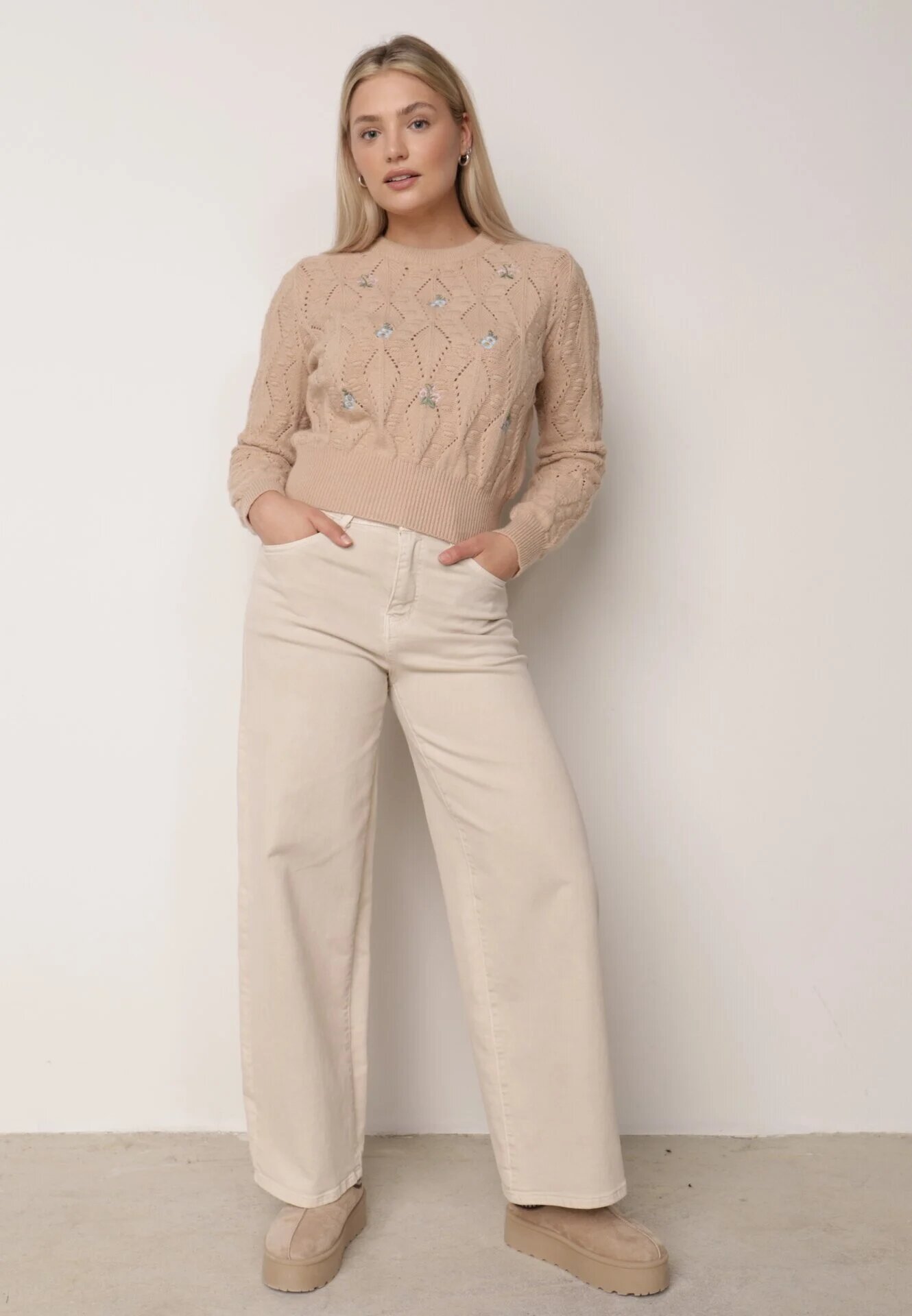 moni&co Pulover Bej cu Croi Clasic cu Flori Brodate Chasane