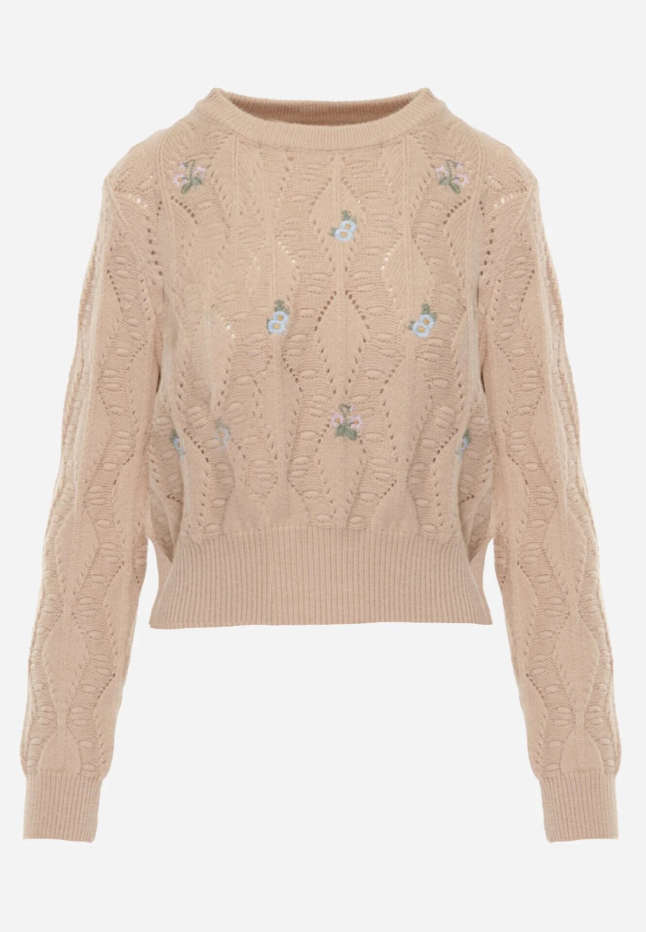 moni&co Pulover Bej cu Croi Clasic cu Flori Brodate Chasane