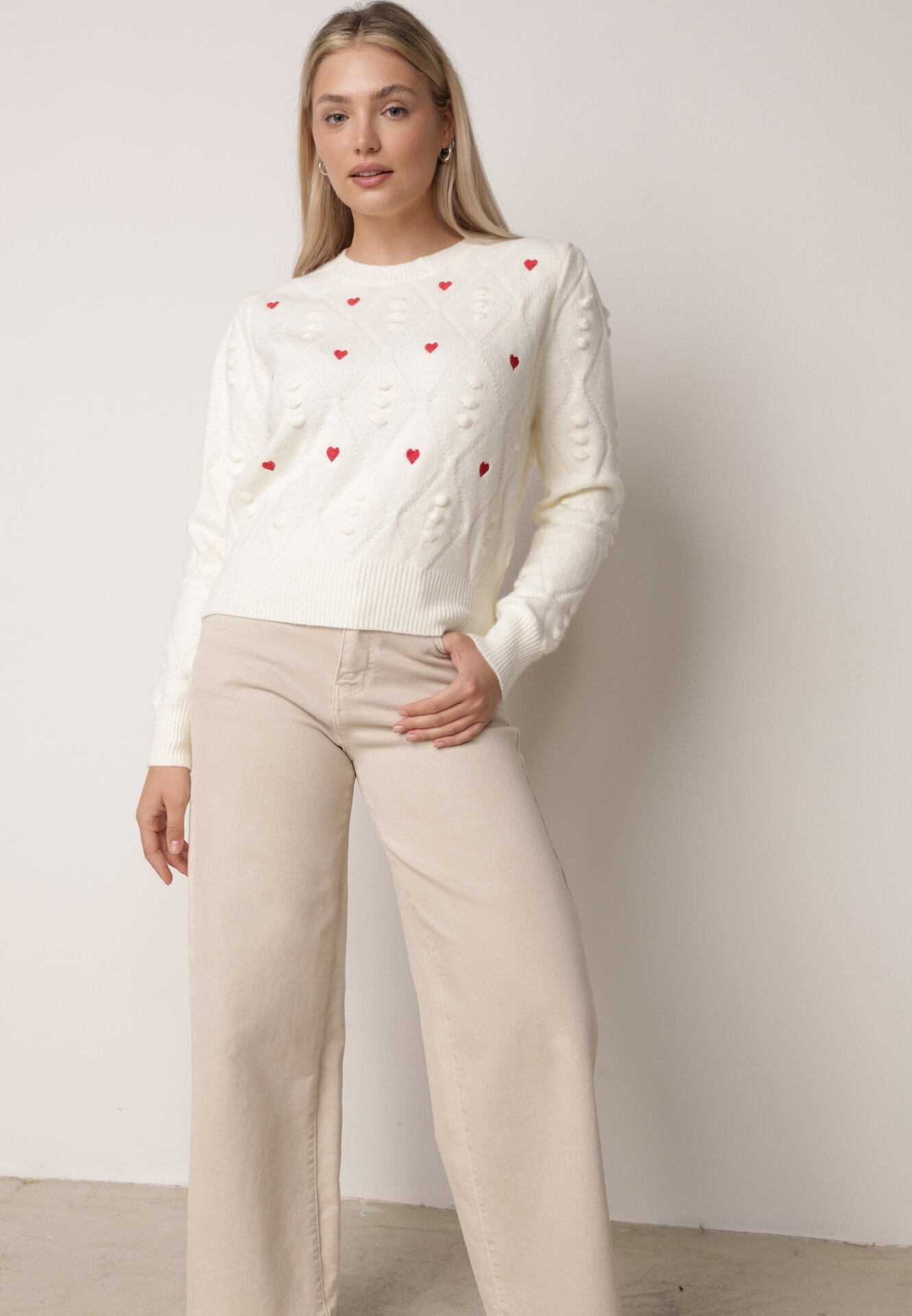 moni&co Pulover Bej cu Fason Clasic și Broderie Decorativă Aggela
