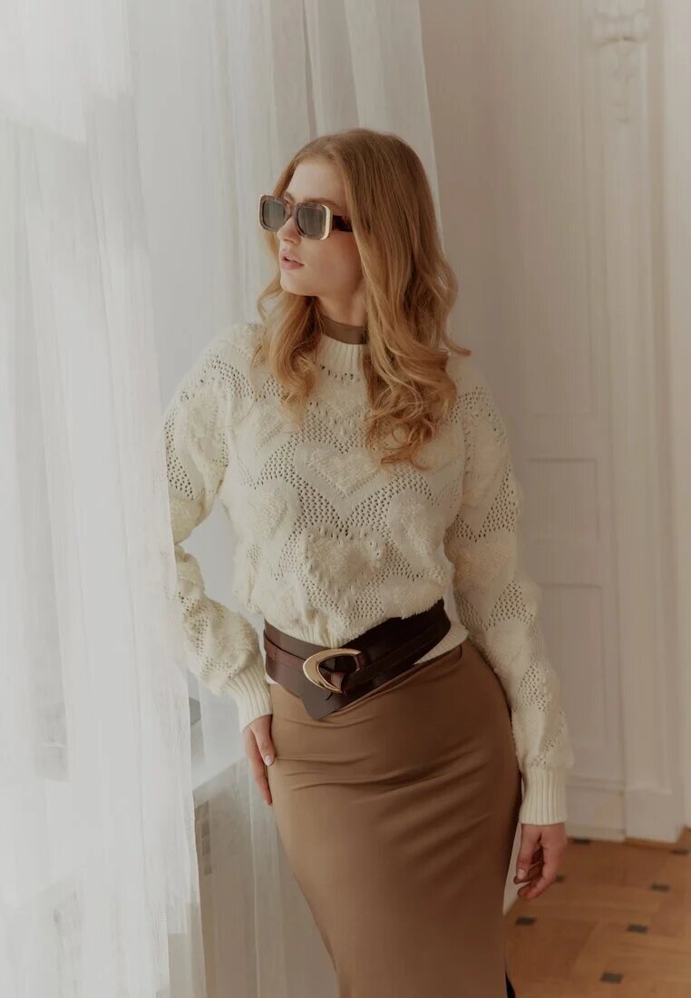 moni&co Pulover Bej deschis cu Inimi cu Croială Clasică cu Bordură Elastică Biriet