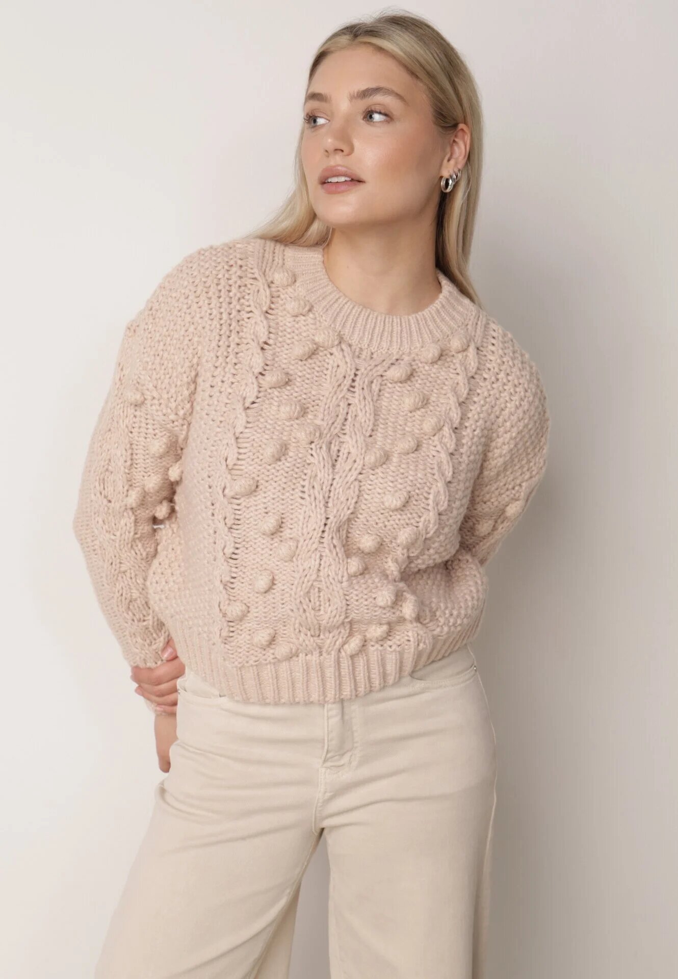 moni&co Pulover Bej din Lână și Bumbac Decorat cu Împletitură Groasă Numike