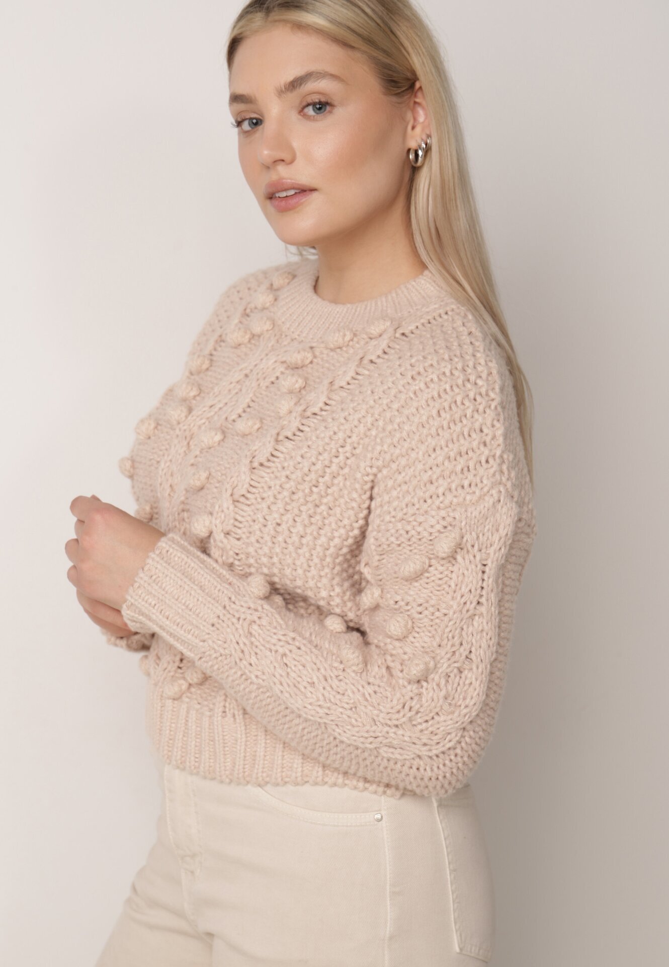 moni&co Pulover Bej din Lână și Bumbac Decorat cu Împletitură Groasă Numike