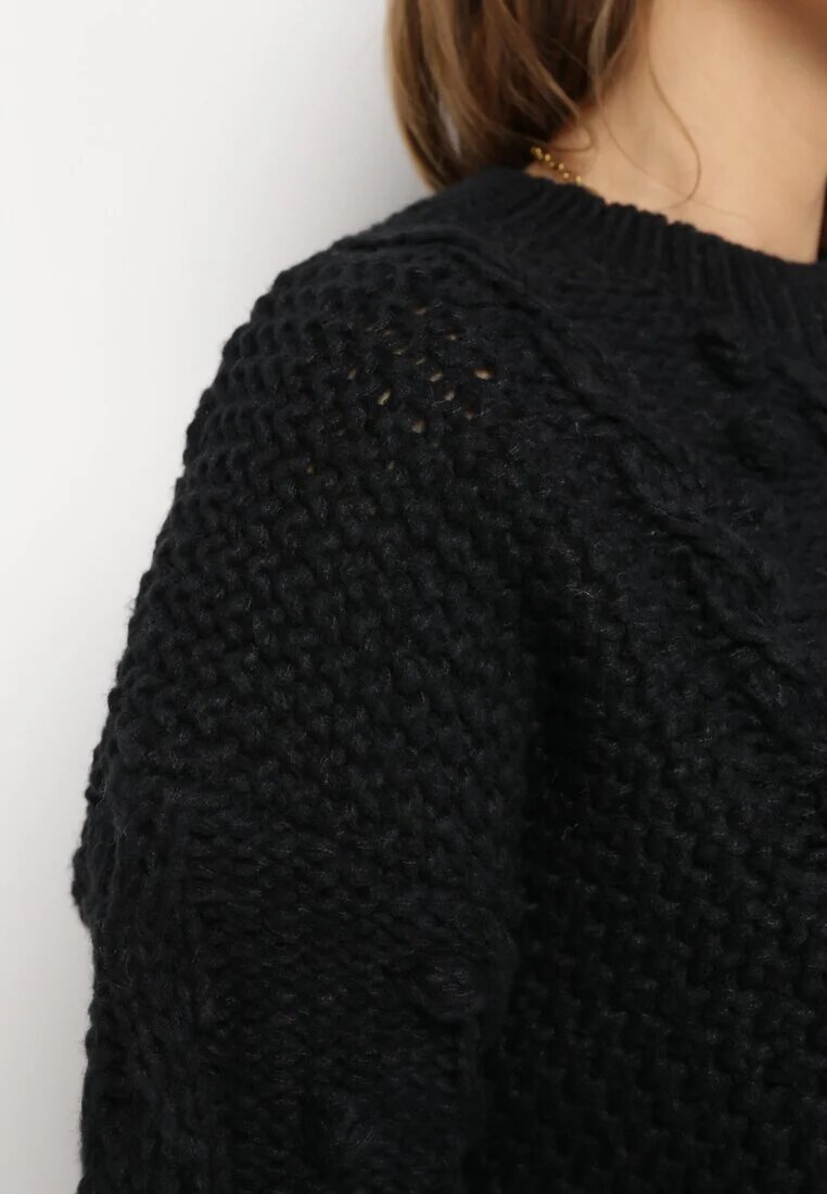moni&co Pulover Negru din Lână și Bumbac Decorat cu Împletitură Groasă Numike