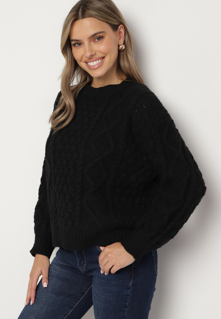 moni&co Pulover Negru din Lână și Viscoză cu Croială Dreaptă și Model Împletit Vailyn