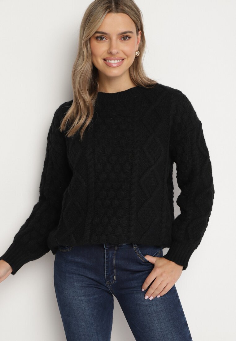 moni&co Pulover Negru din Lână și Viscoză cu Croială Dreaptă și Model Împletit Vailyn