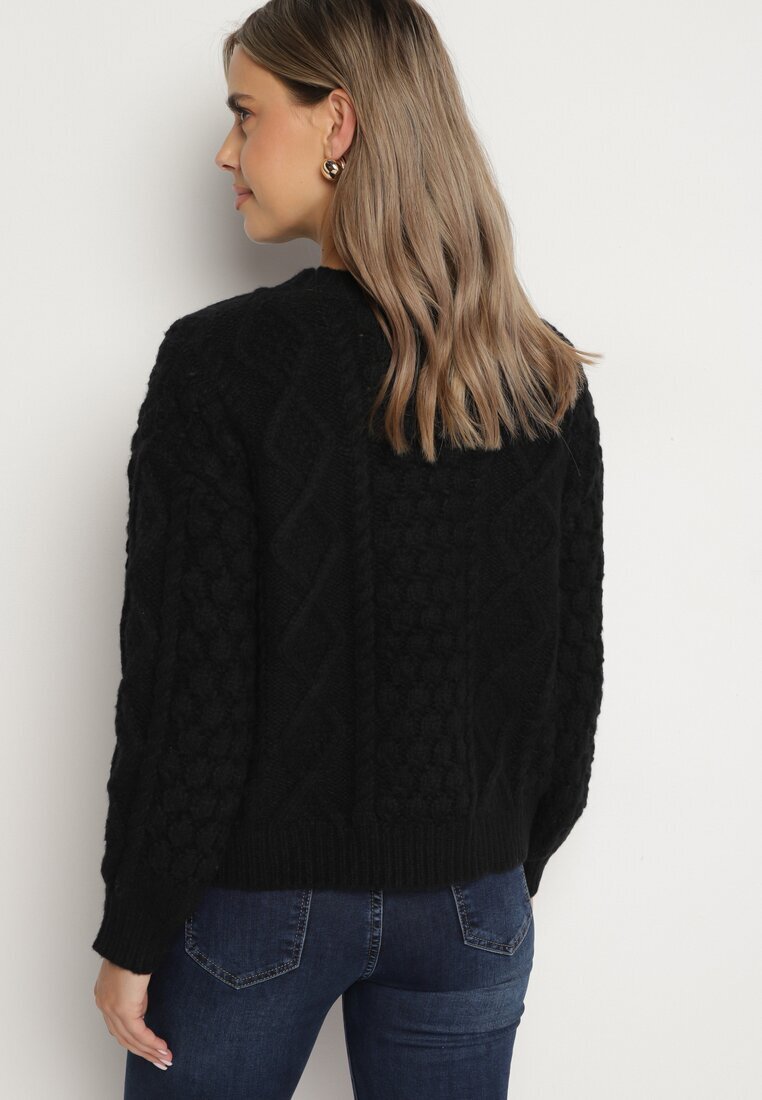 moni&co Pulover Negru din Lână și Viscoză cu Croială Dreaptă și Model Împletit Vailyn