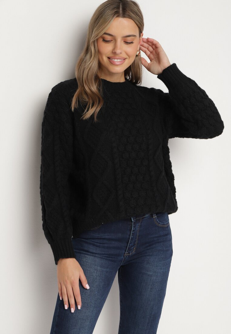 moni&co Pulover Negru din Lână și Viscoză cu Croială Dreaptă și Model Împletit Vailyn