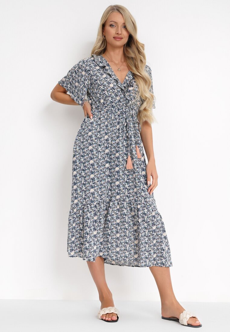 moni&co Rochie bleumarin cu elastic în talie și decolteu petrecut cu volane Kyphine