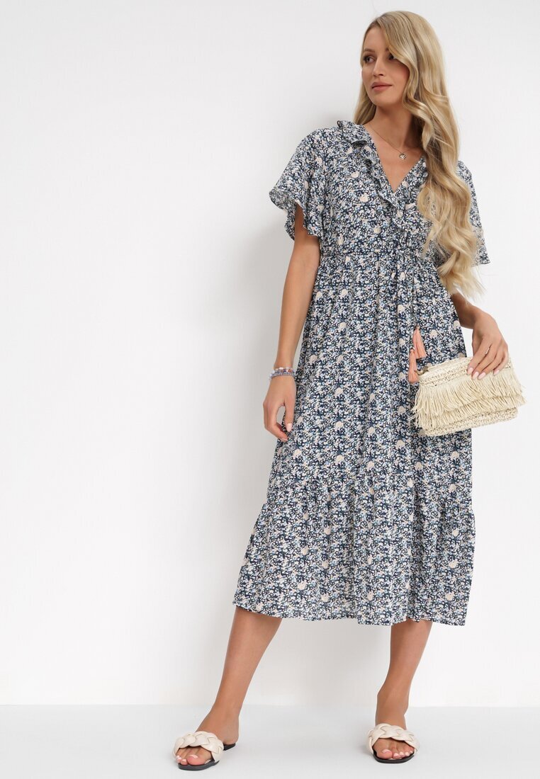 moni&co Rochie bleumarin cu elastic în talie și decolteu petrecut cu volane Kyphine