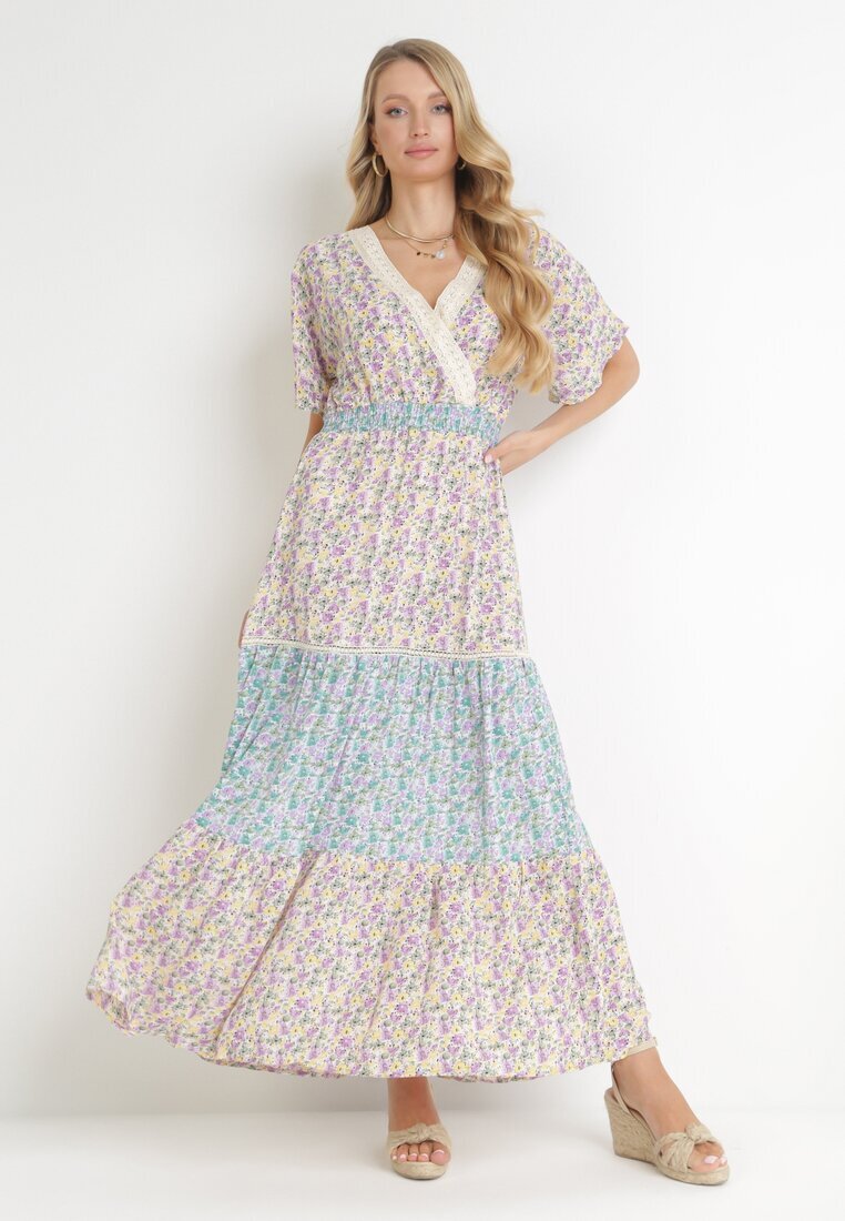 moni&co Rochie Fioletovo-Albastră Evazată Maxi cu elastic în talie și decolteu din dantelă Gerbera