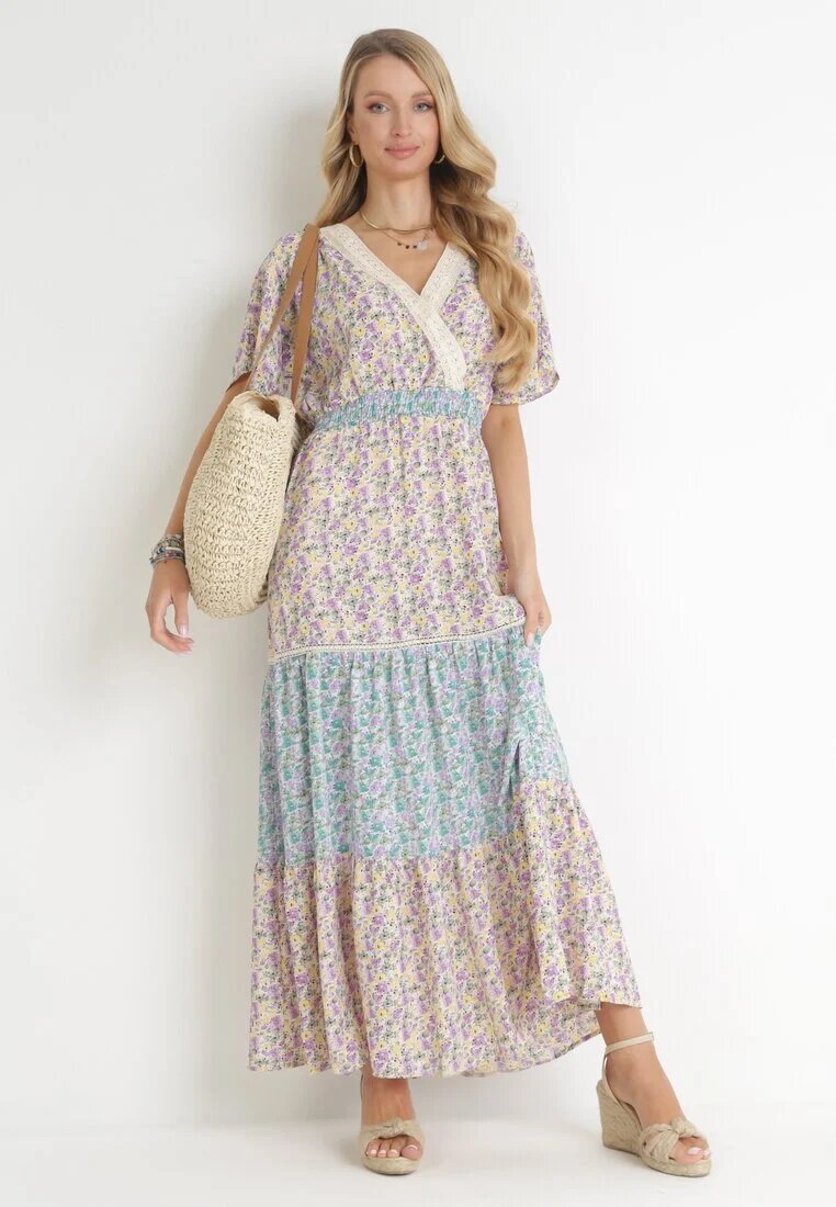 moni&co Rochie Fioletovo-Albastră Evazată Maxi cu elastic în talie și decolteu din dantelă Gerbera